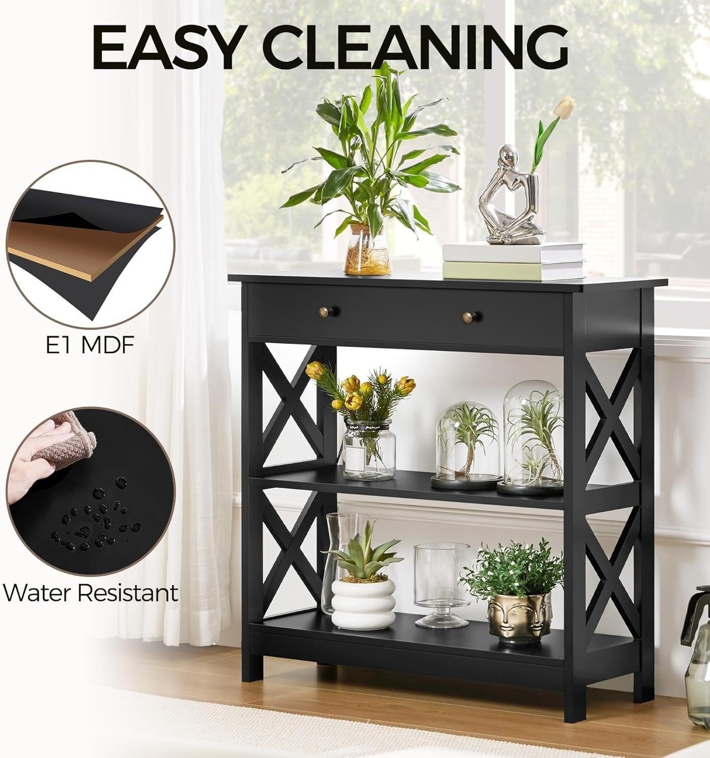 Compact Console Table with Drawer & 2 Shelves, Black, 80x30x80cm, Slim