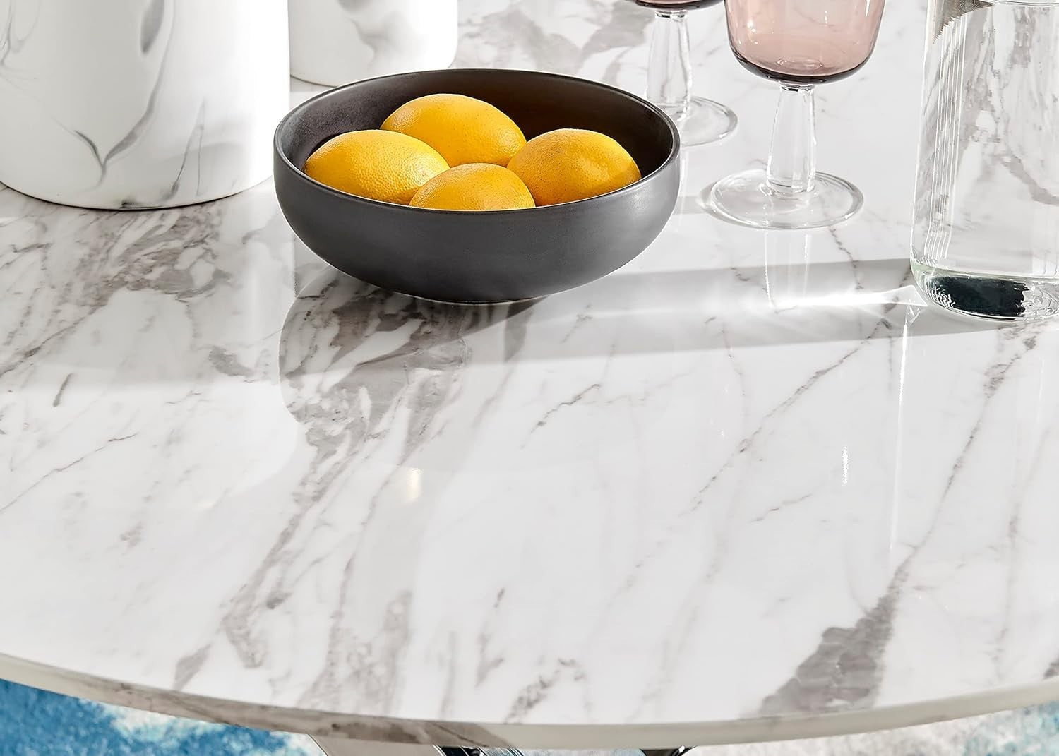 100cm Round Marble Dining Table Silver Chrome Legs Compact Modern