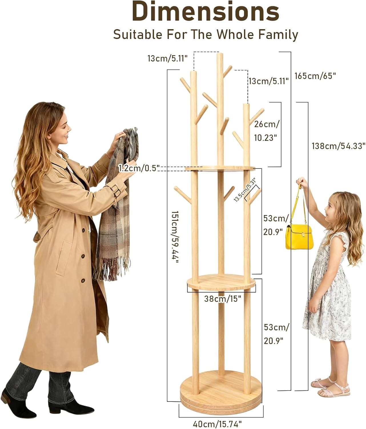 Wooden Coat Rack Stand with 8 Hooks & 3 Shelves | Freestanding Hall Tree