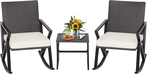 3 Piece Rattan Rocking Bistro Set Patio Garden Chairs Coffee Table Cushions