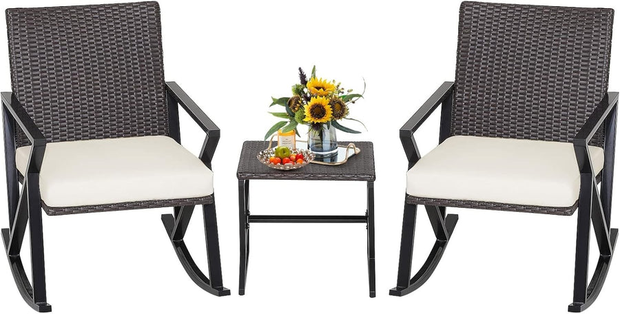3 Piece Rattan Rocking Bistro Set Patio Garden Chairs Coffee Table Cushions