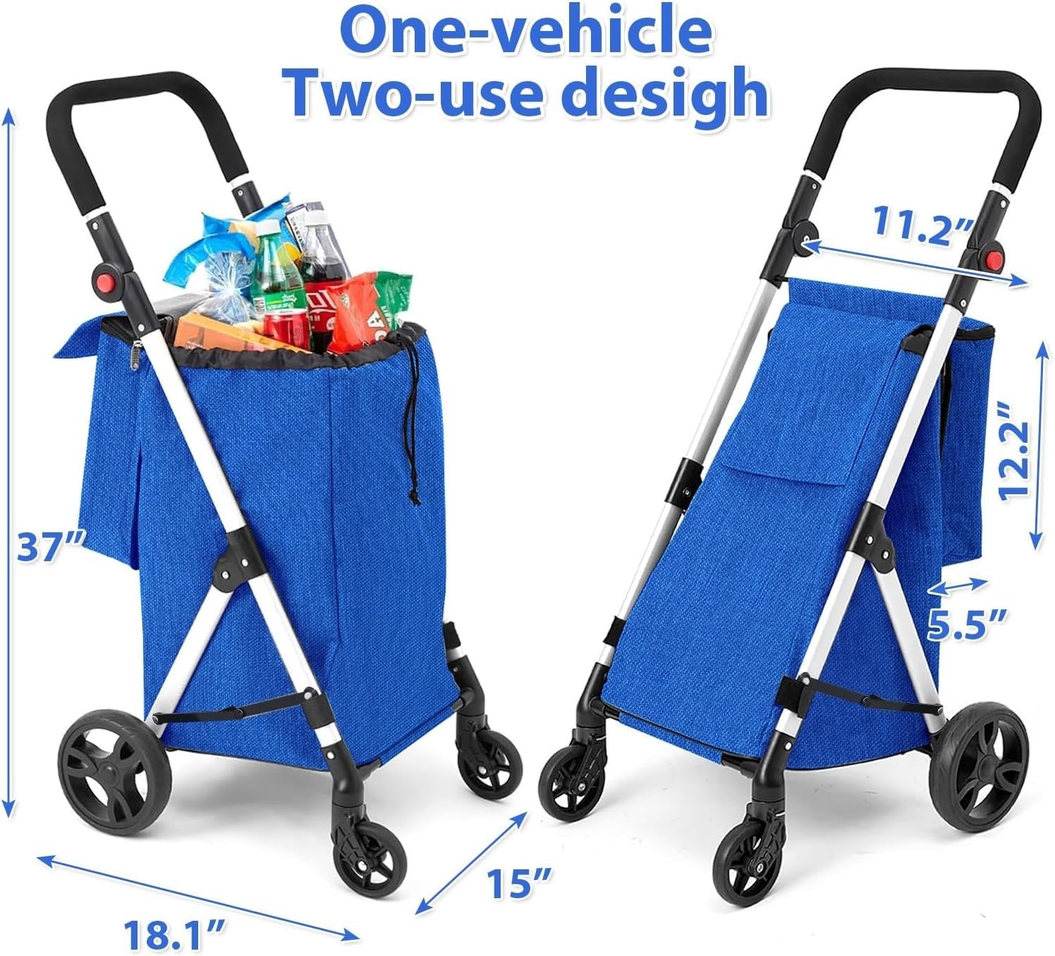 4 Wheel Grocery Shopping Trolley 46L | Foldable Aluminium Cart | Royal Blue