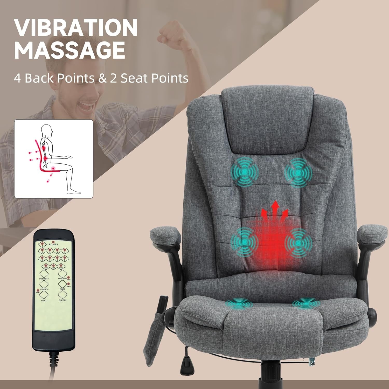 Heated Massage Office Chair 6 Point High Back Linen Grey
