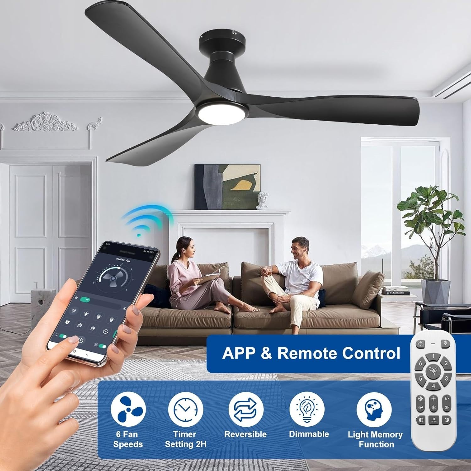 52" Ceiling Fan Light, 3-Blade LED, Reversible Quiet DC Motor, Black