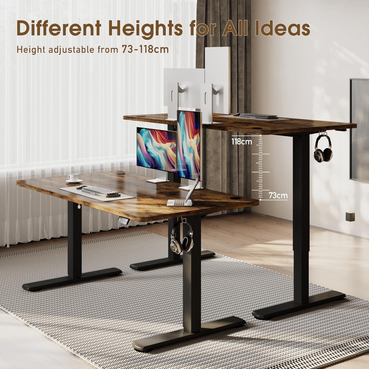 Rustic Brown Electric Standing Desk 140x60cm Adjustable Home Office Table