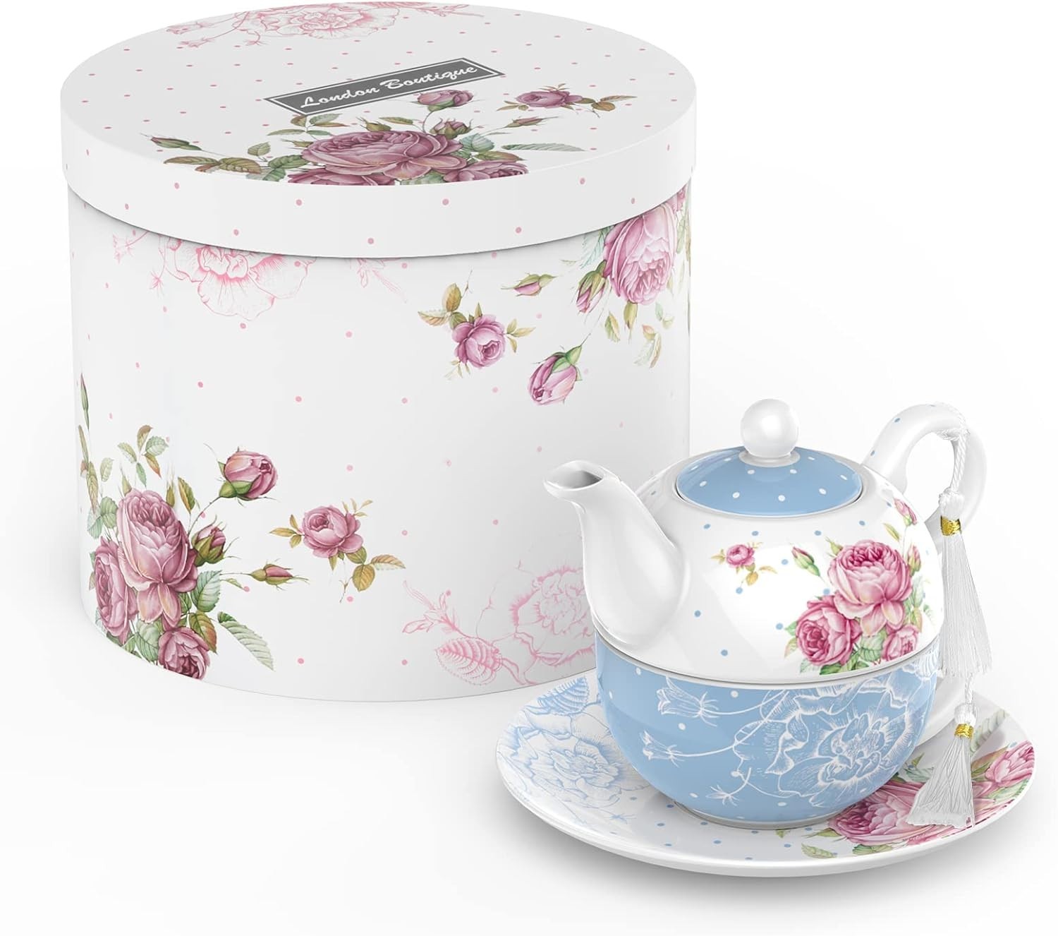 Tea for One Teapot Cup Saucer Set 350ml Vintage Floral Blue Gift Box
