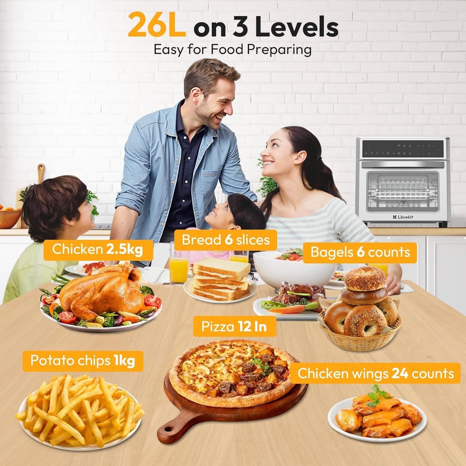 26L Air Fryer Oven Rotisserie 12-in-1 Touch LED 1700W Window 7 Accessories