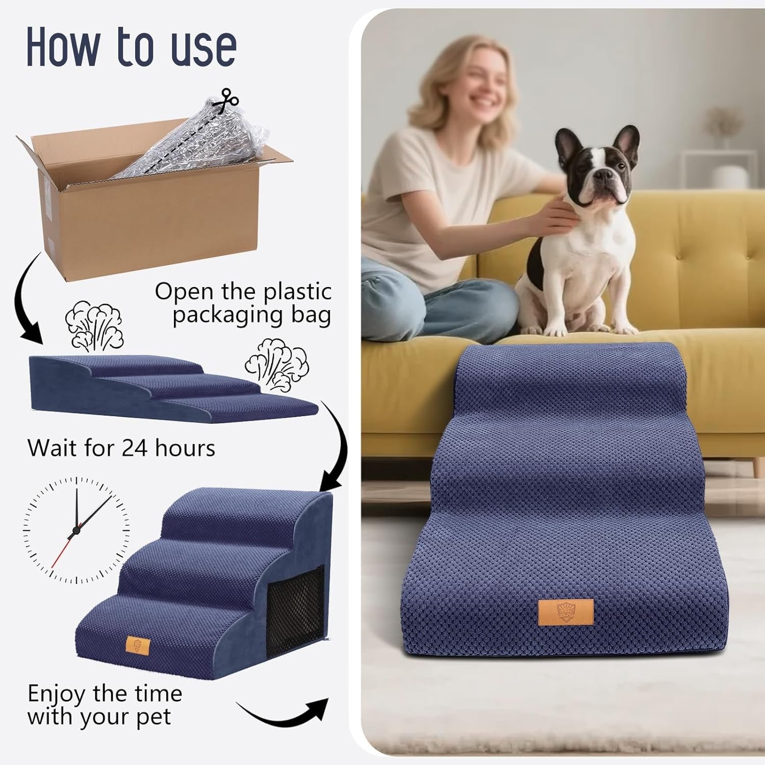 Blue 3 Step Dog Stairs 30D Foam Non Slip Ramp 60x40x40cm
