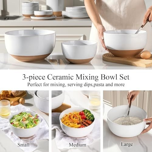 3-Piece White Ceramic Mixing Bowls Set Nesting Microwave & Dishwasher Safe