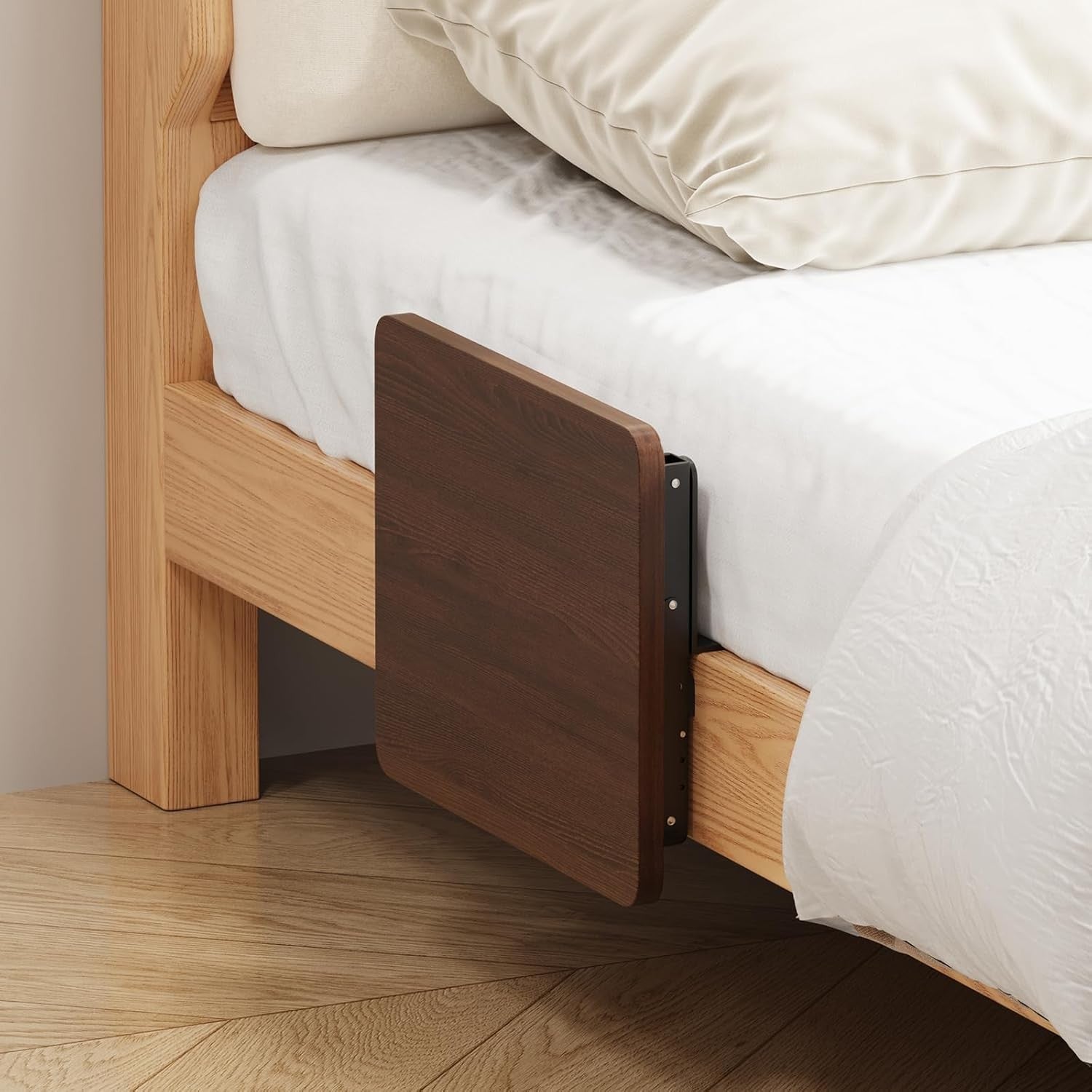 Floating Bedside Shelf Table for Small Spaces – Bed-Mounted Folding Tray