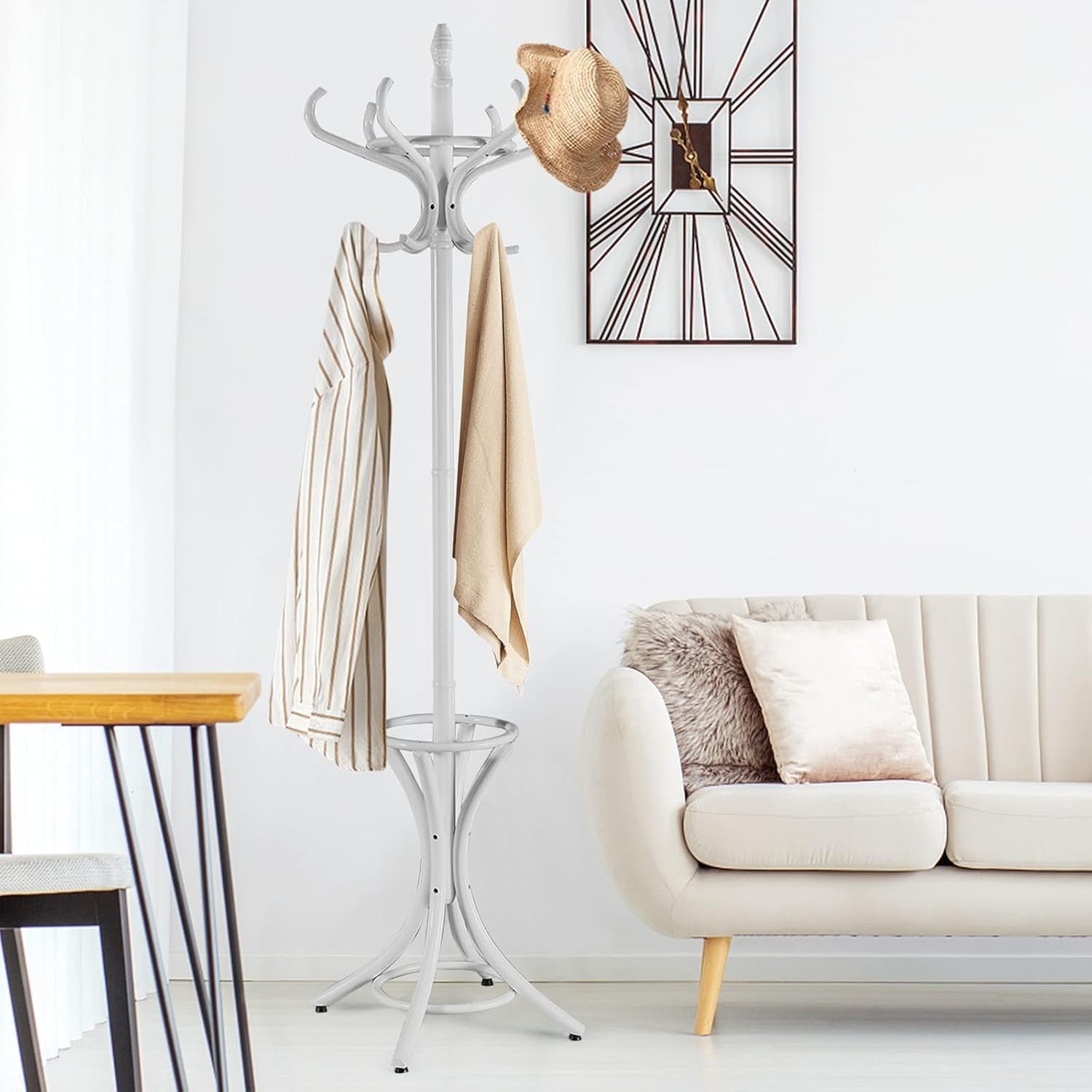 12 Hook Wooden Coat Rack with Umbrella Holder – Freestanding Grey Hall Tree Stan