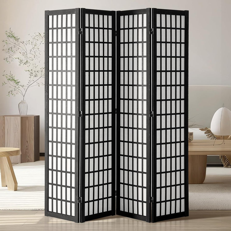 4 Panel Japanese Folding Room Divider Black Wood Privacy Screen 162x170cm