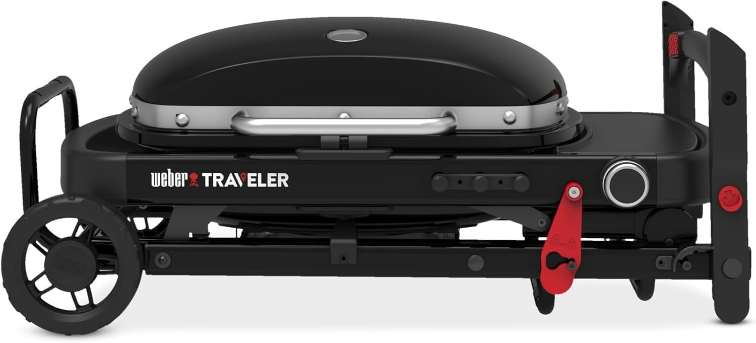 Portable Folding Gas BBQ Grill with Wheels, Lid Thermometer, 52x36cm