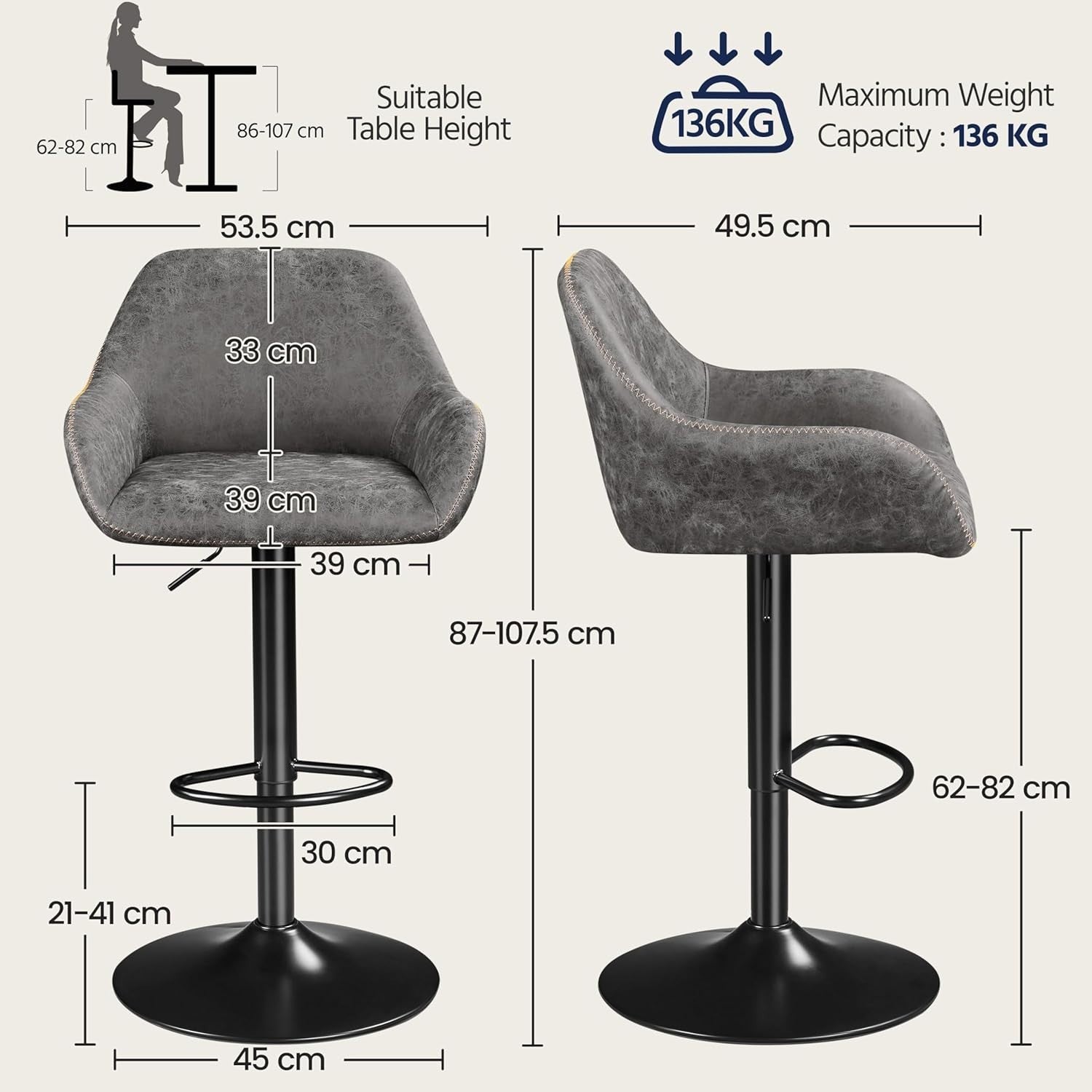 Adjustable Grey PU Leather Bar Stools Set of 2 – Swivel Counter Chairs