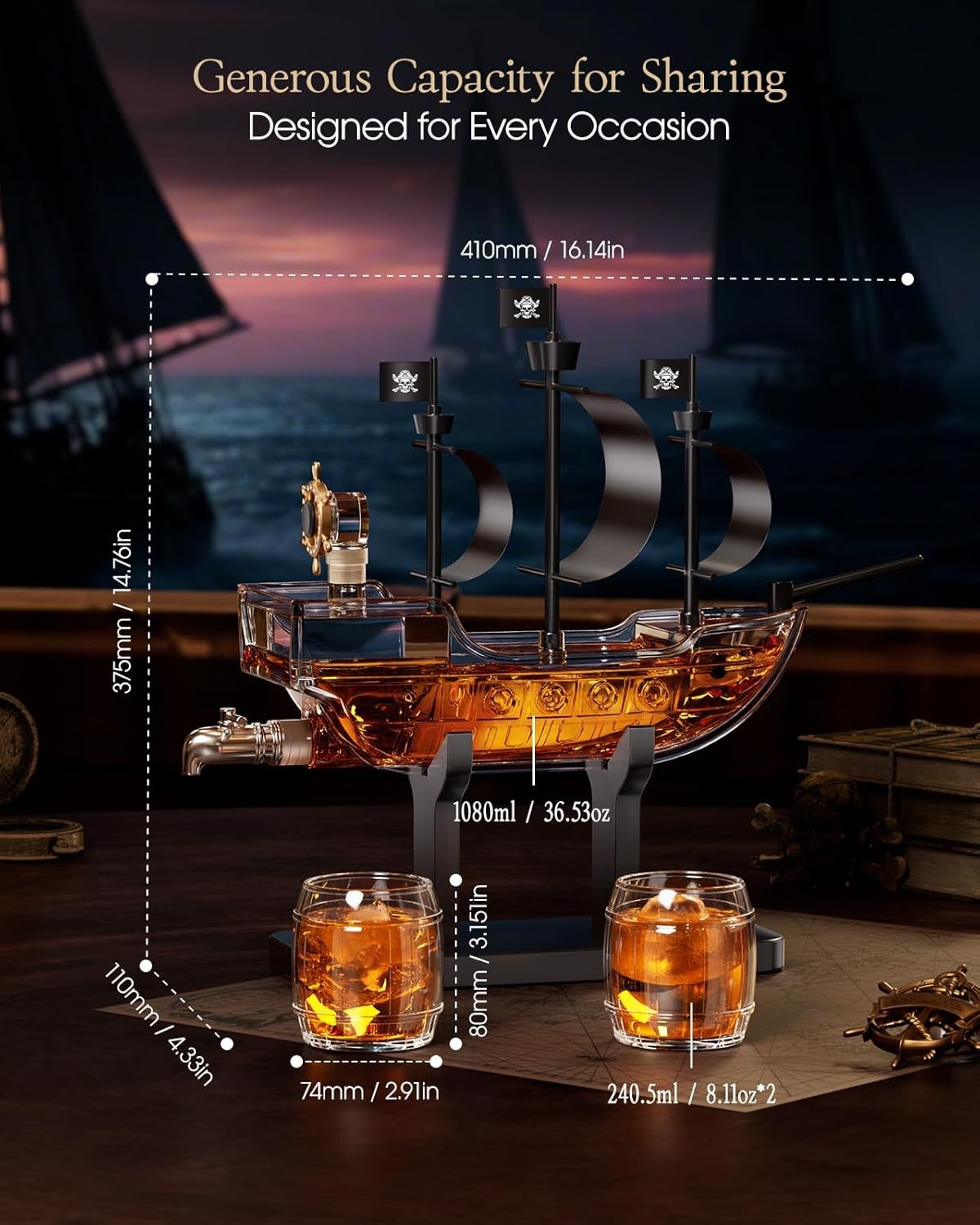 Pirate Ship Whiskey Decanter Set with 2 Glasses | 1L Liquor Dispenser Gift