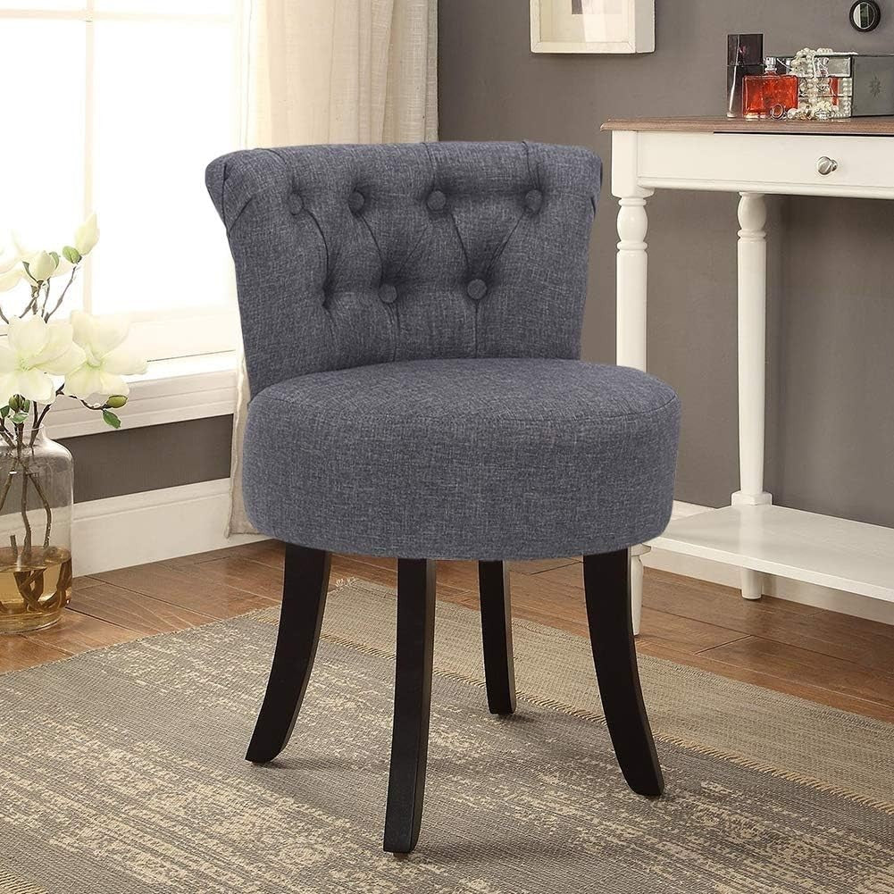 Grey High-Back Dressing Table Chair – Linen Vanity Stool with Wooden Legs