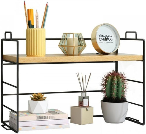Desktop Organizer Shelf Compact Wood Display Rack Bookcase Storage Black Frame