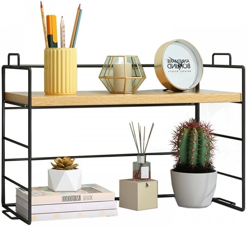 Desktop Organizer Shelf Compact Wood Display Rack Bookcase Storage Black Frame