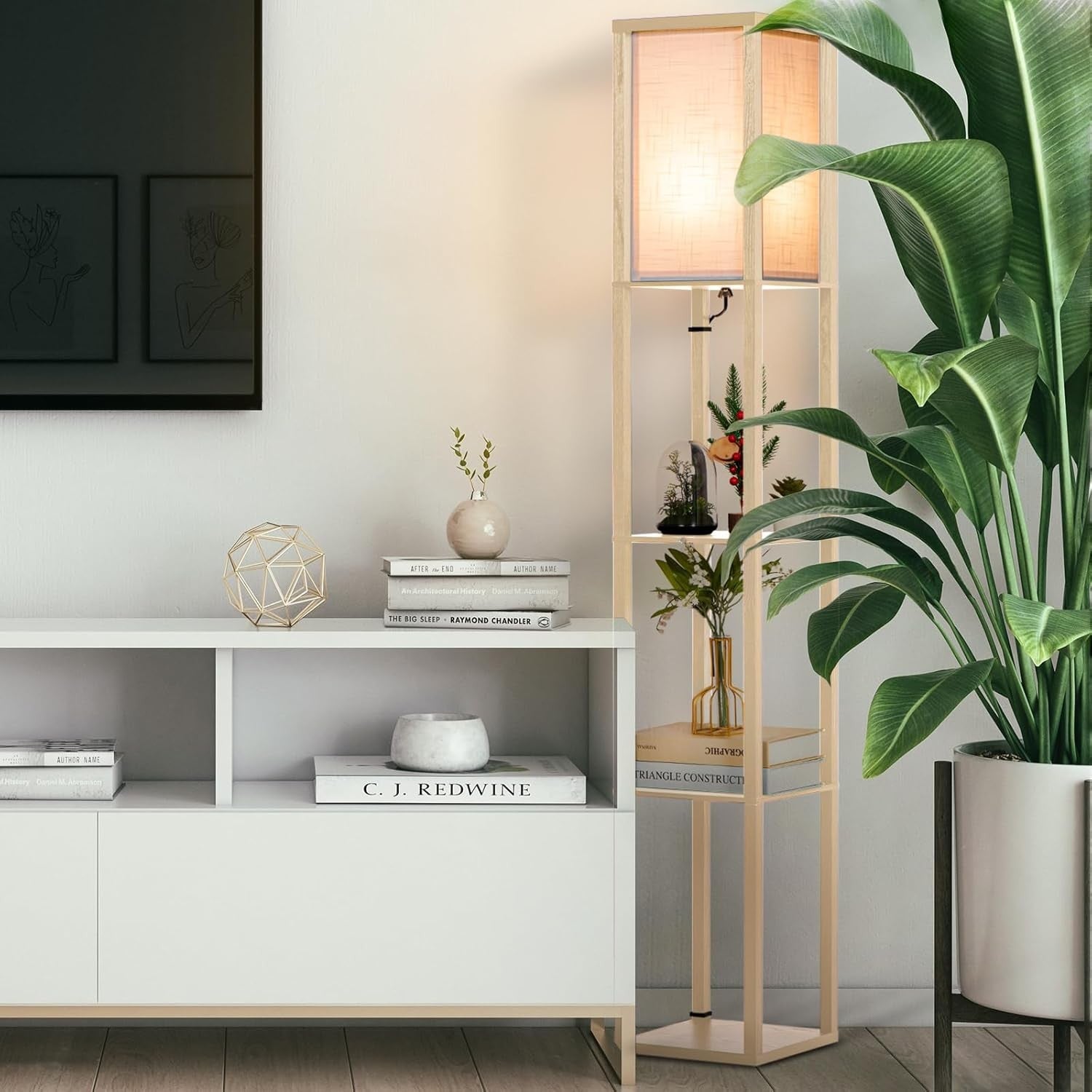 Floor Lamp With Shelves LED Wooden Storage Standing Light Living Room Bedroom