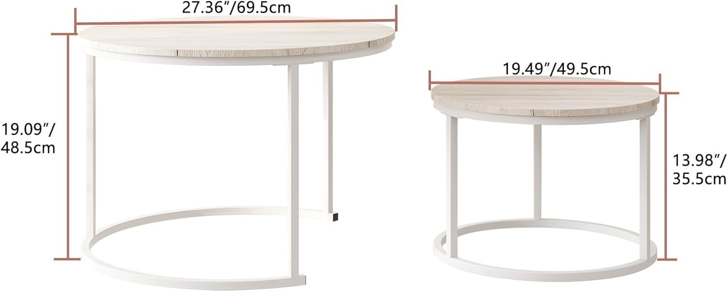 Round Nesting Coffee Tables Set of 2 with Metal Frame & Oak Tops, Space Saving