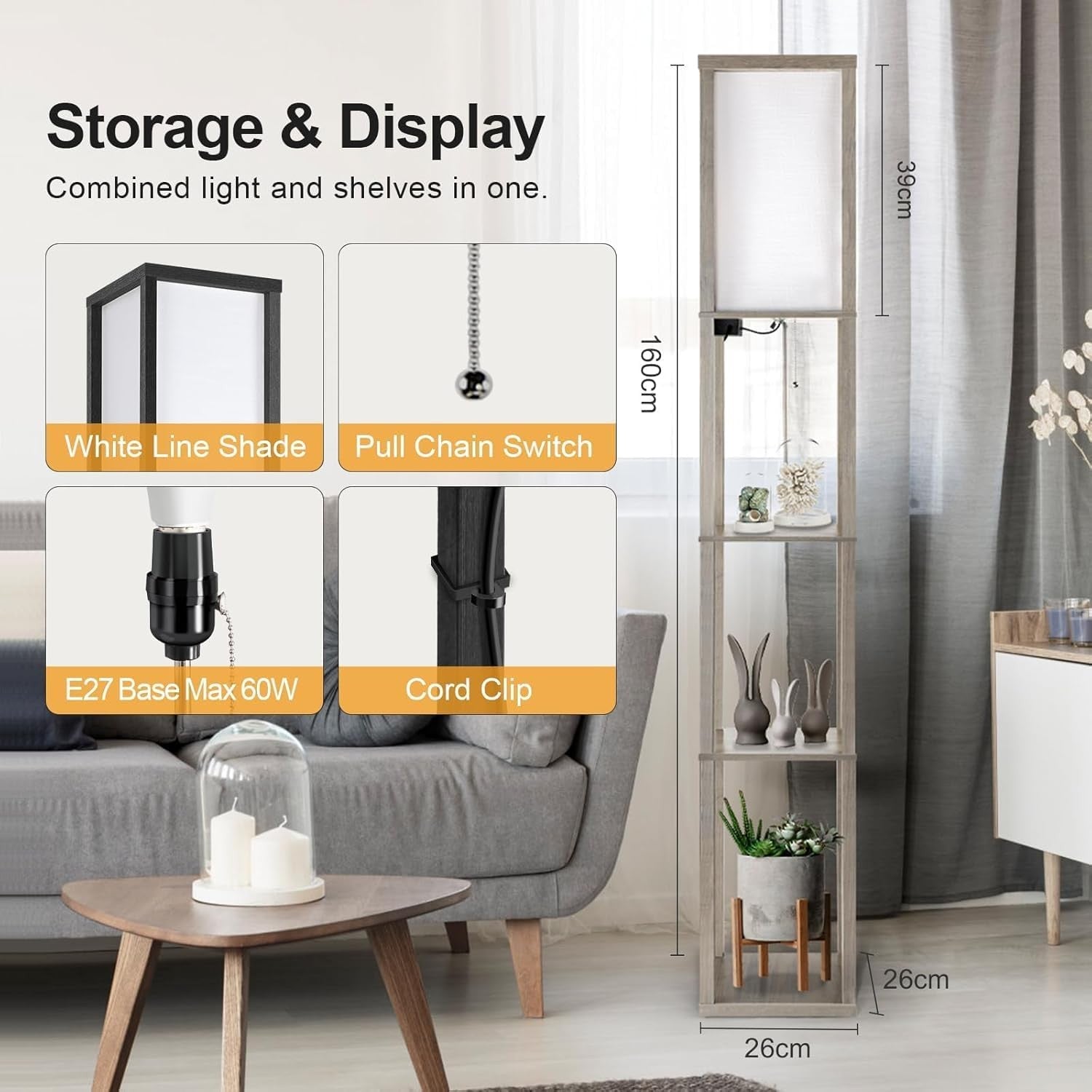 LED Shelf Floor Lamp Remote Dimmable USB Charging Standing Light Grey
