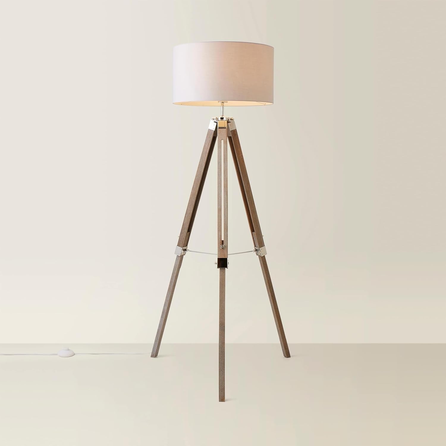 Grey Wood Tripod Floor Lamp Chrome Legs Drum Shade Modern Standing Light