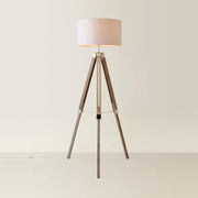 Grey Wood Tripod Floor Lamp Chrome Legs Drum Shade Modern Standing Light