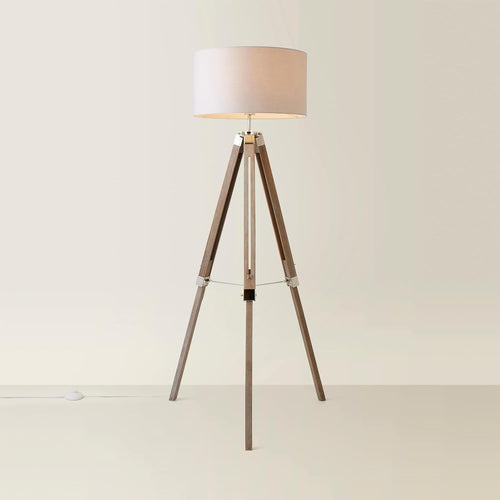 Grey Wood Tripod Floor Lamp Chrome Legs Drum Shade Modern Standing Light