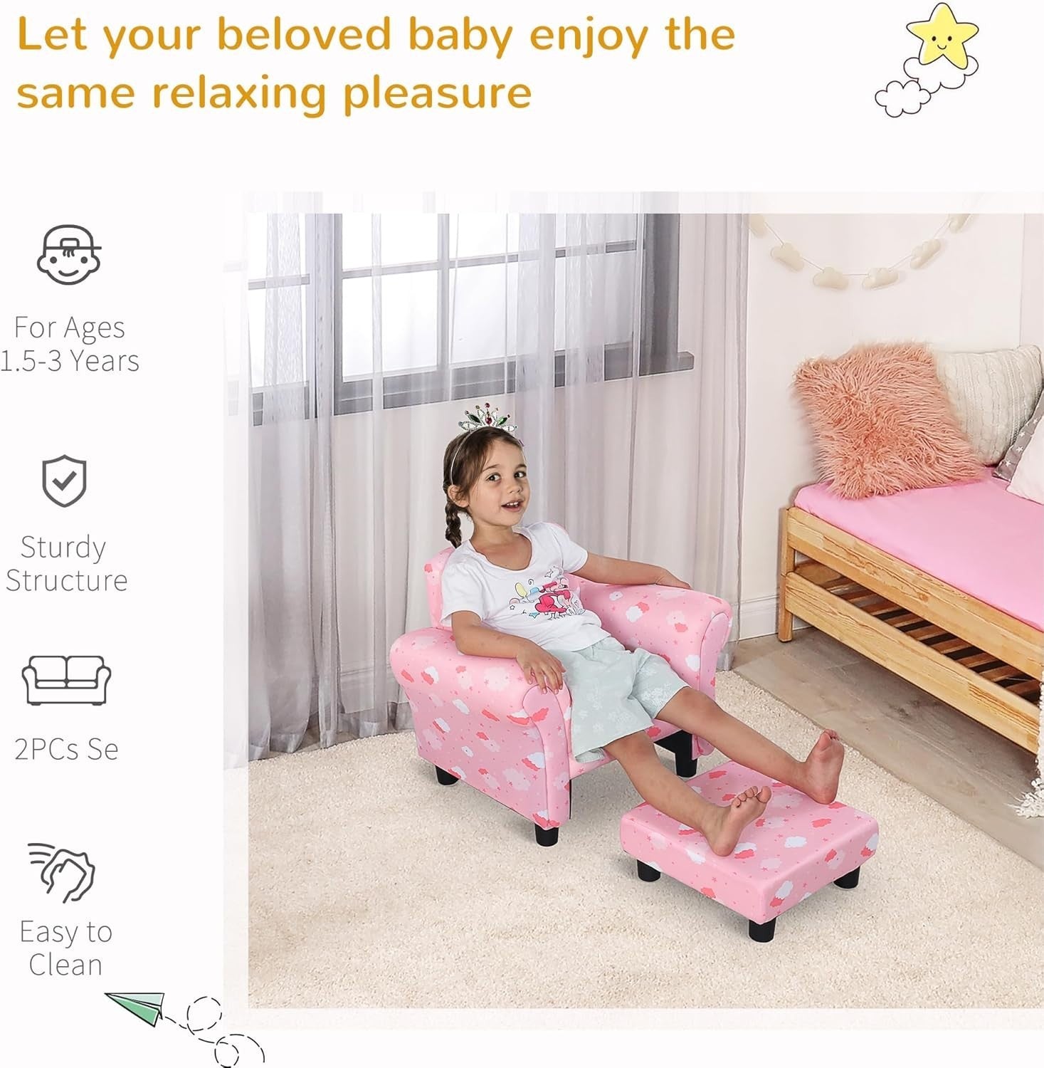 Toddler Armchair with Footrest Kids Sofa Chair Pink Cloud Star Design 18-36M