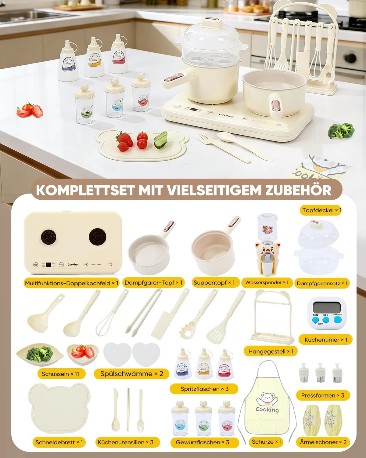 Kids Electric Cooking Set Double Hob Kitchen Toy Cookware 40pc Beige