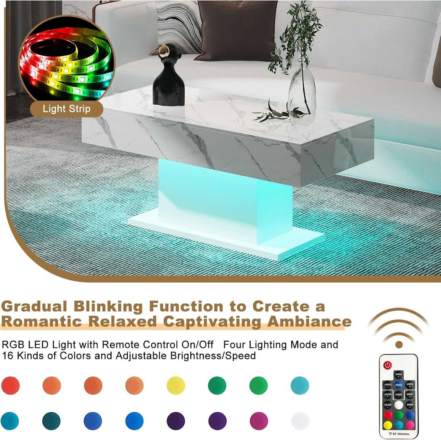 White Marble LED Coffee Table, High Gloss Rectangular 110x55cm