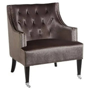 Grey Velvet Accent Chair – Tufted Armchair with Studs & Wooden Legs