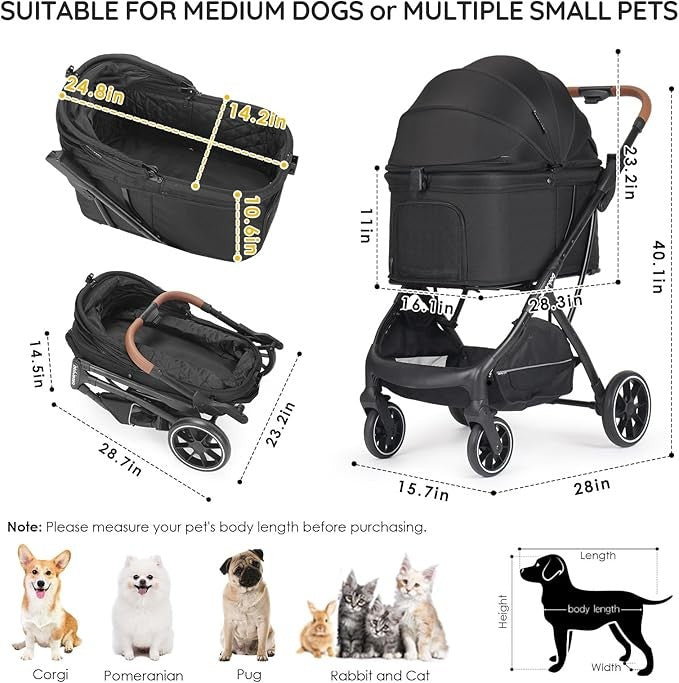 Luxury Dog Stroller Foldable Pet Pushchair Pram Medium Pets 60lb Black