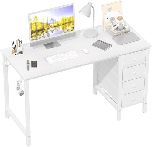 Modern White Office Desk w/Fabric Drawers Metal Frame Computer Table