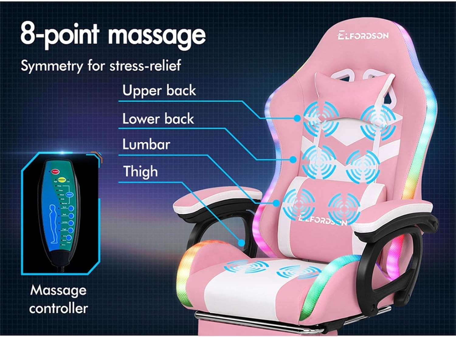 RGB LED Massage Gaming Chair Recliner w Footrest 150° Pink