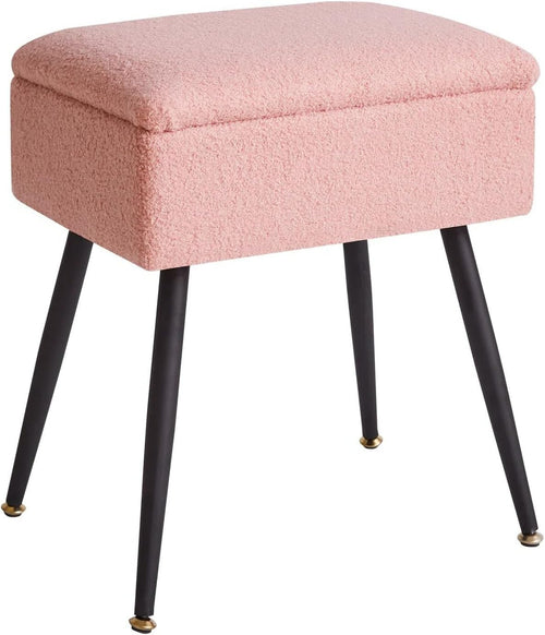 Pink Teddy Fur Vanity Stool with Storage – Soft Ottoman Chair for Bedroom