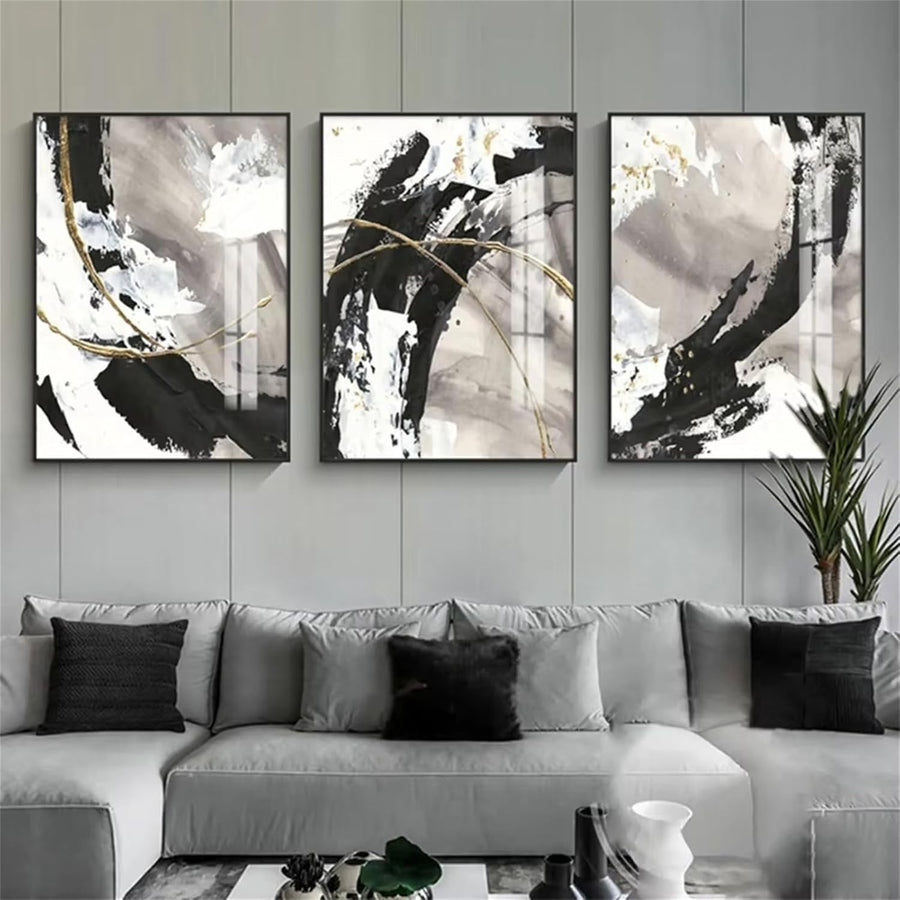 Black White Gold 3-Piece Canvas Wall Art 16x24 in Modern Abstract