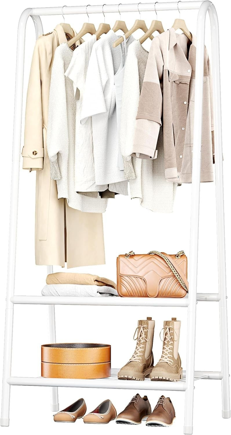White Metal Clothes Rail with Shelves 62" Heavy Duty Rack