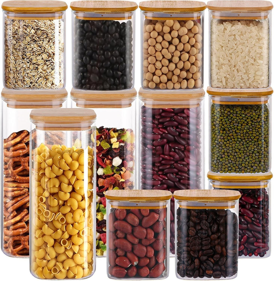 12 Pack Glass Storage Jars with Bamboo Lids Airtight Kitchen Canisters