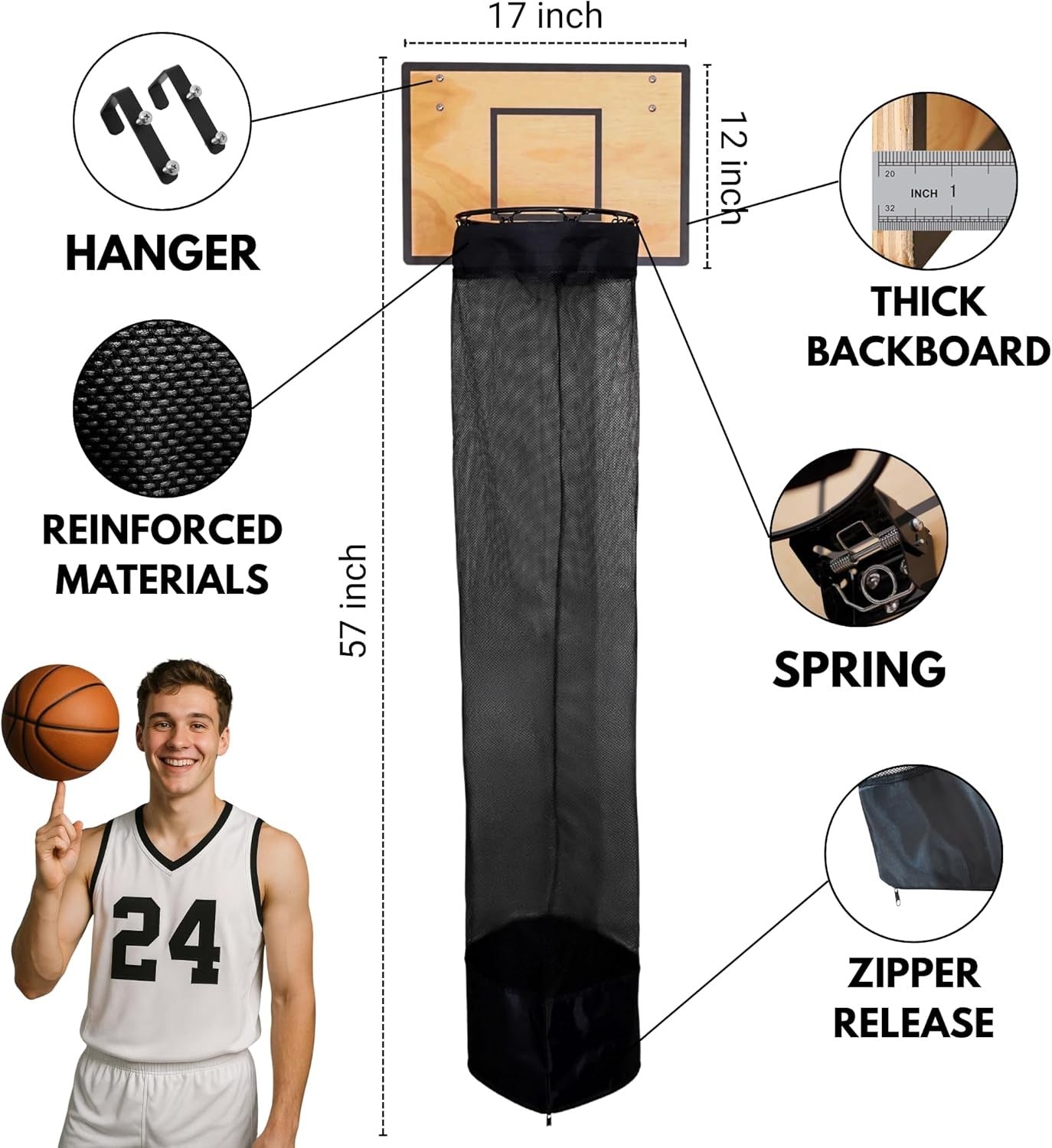 Over-Door Basketball Laundry Hamper with Hoop & Zipper Bottom for Kids Teens Roo