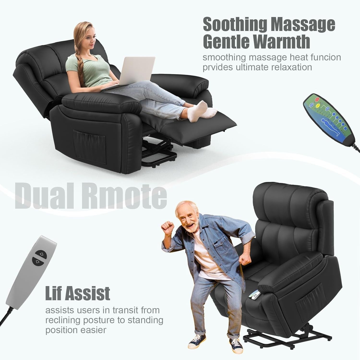 Power Lift Recliner Chair Massage Heat Oversized Faux Leather USB Type-C Black