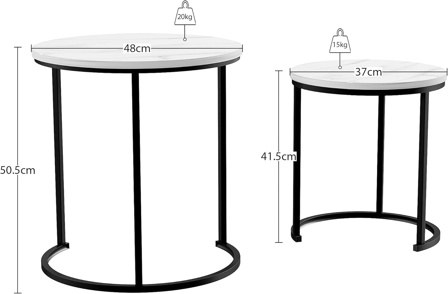 Nest of 2 Round Coffee Side Tables Marble Dark Wood Industrial Metal Frame