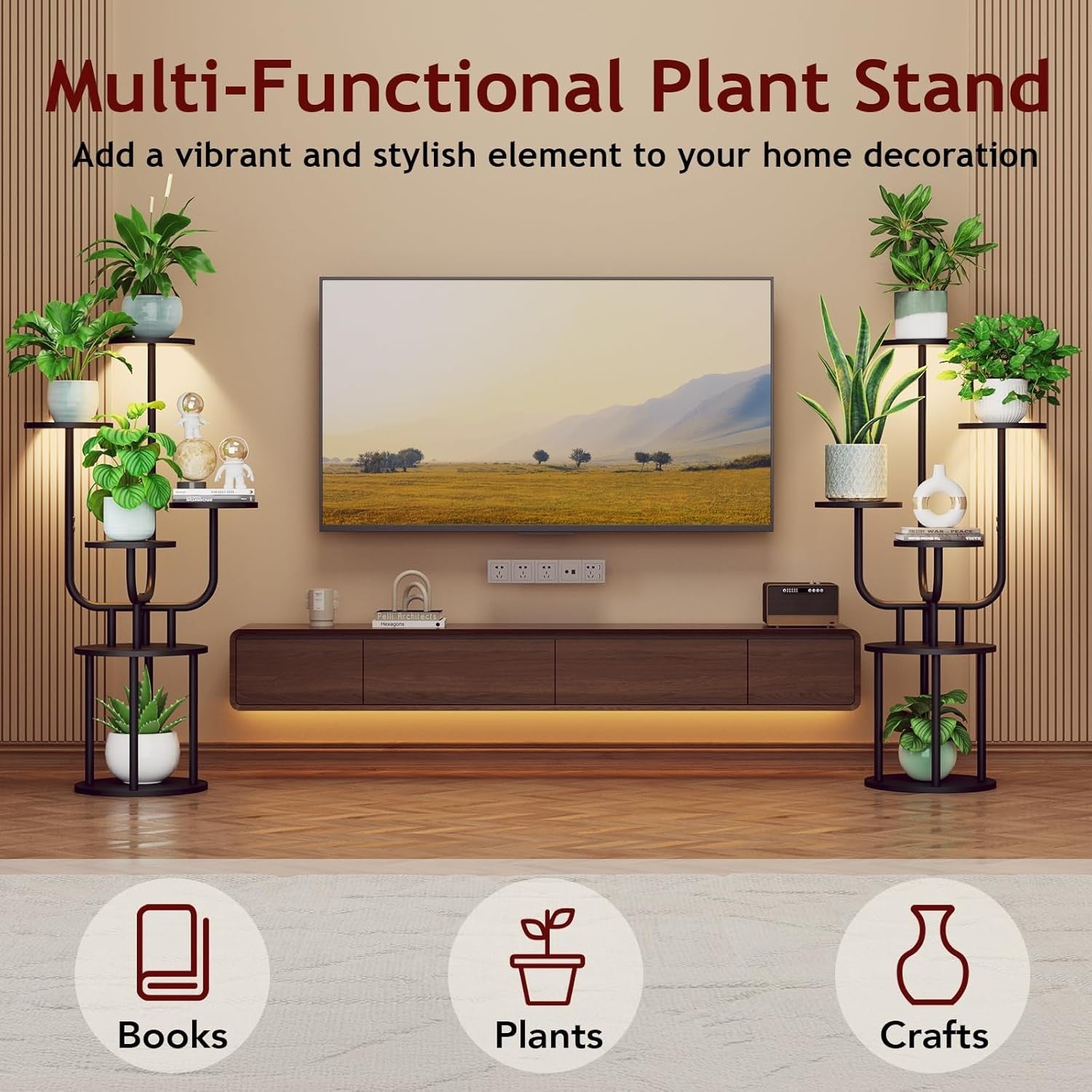 6 Tier Tall Metal Wood Plant Stand Indoor Corner Shelf Rack with Grow Light