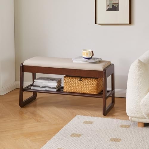 2-Tier Flip-Top Shoe Storage Bench with Cushion – Walnut 31.5in