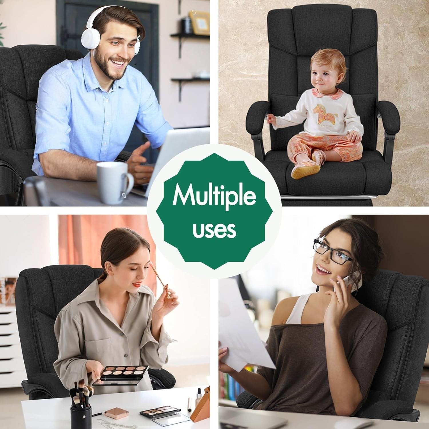 Executive Ergonomic Office Chair Desk Swivel Linen Black Lumbar Support 180KG Ti