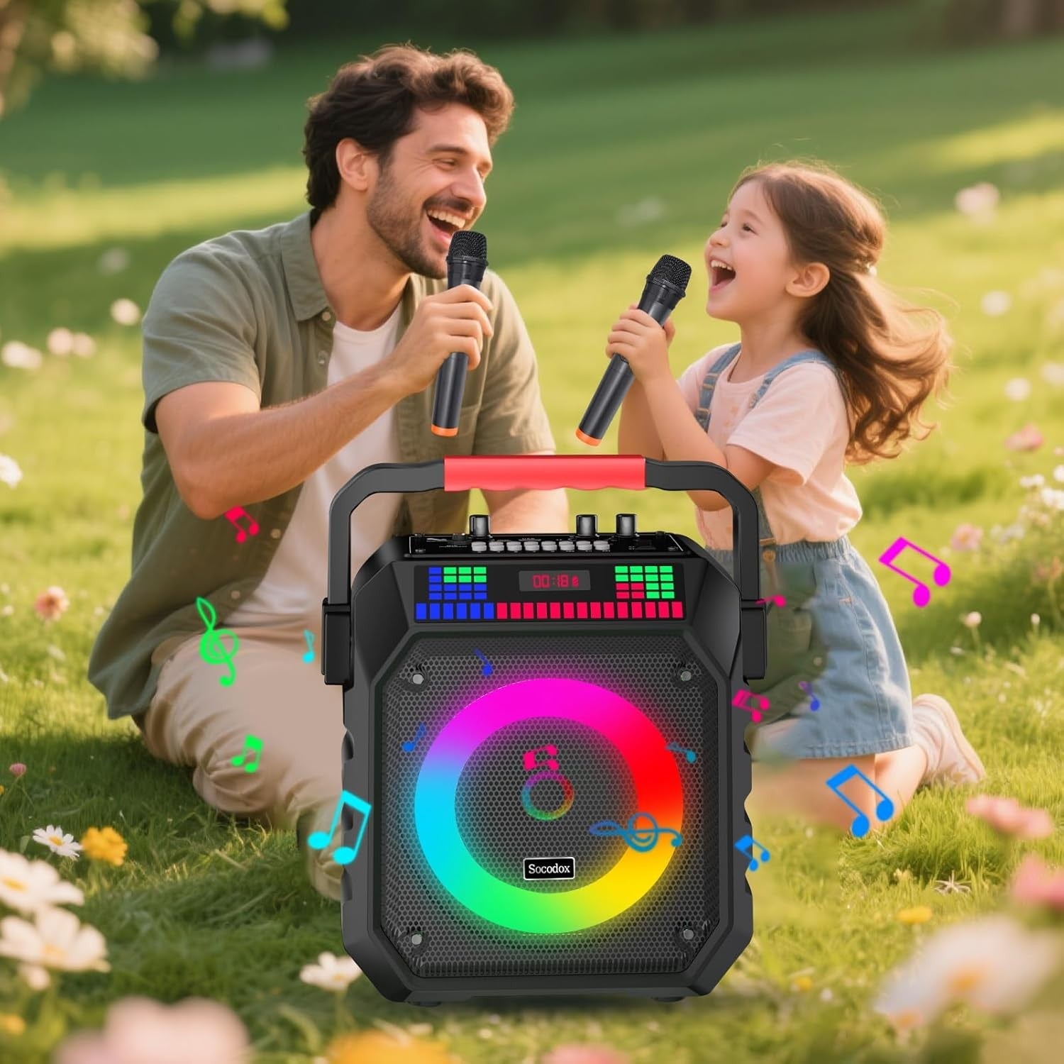 Karaoke Machine with 2 Wireless Mics Bluetooth LED Speaker