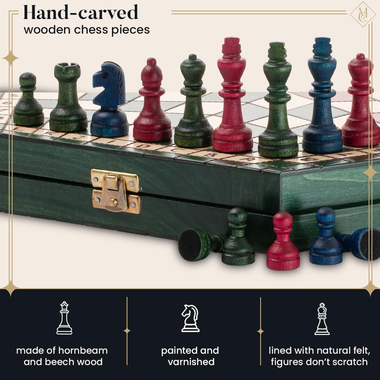 Large 3-Player Wooden Chess Set Hexagonal Board 40×35cm Handcrafted Travel Game