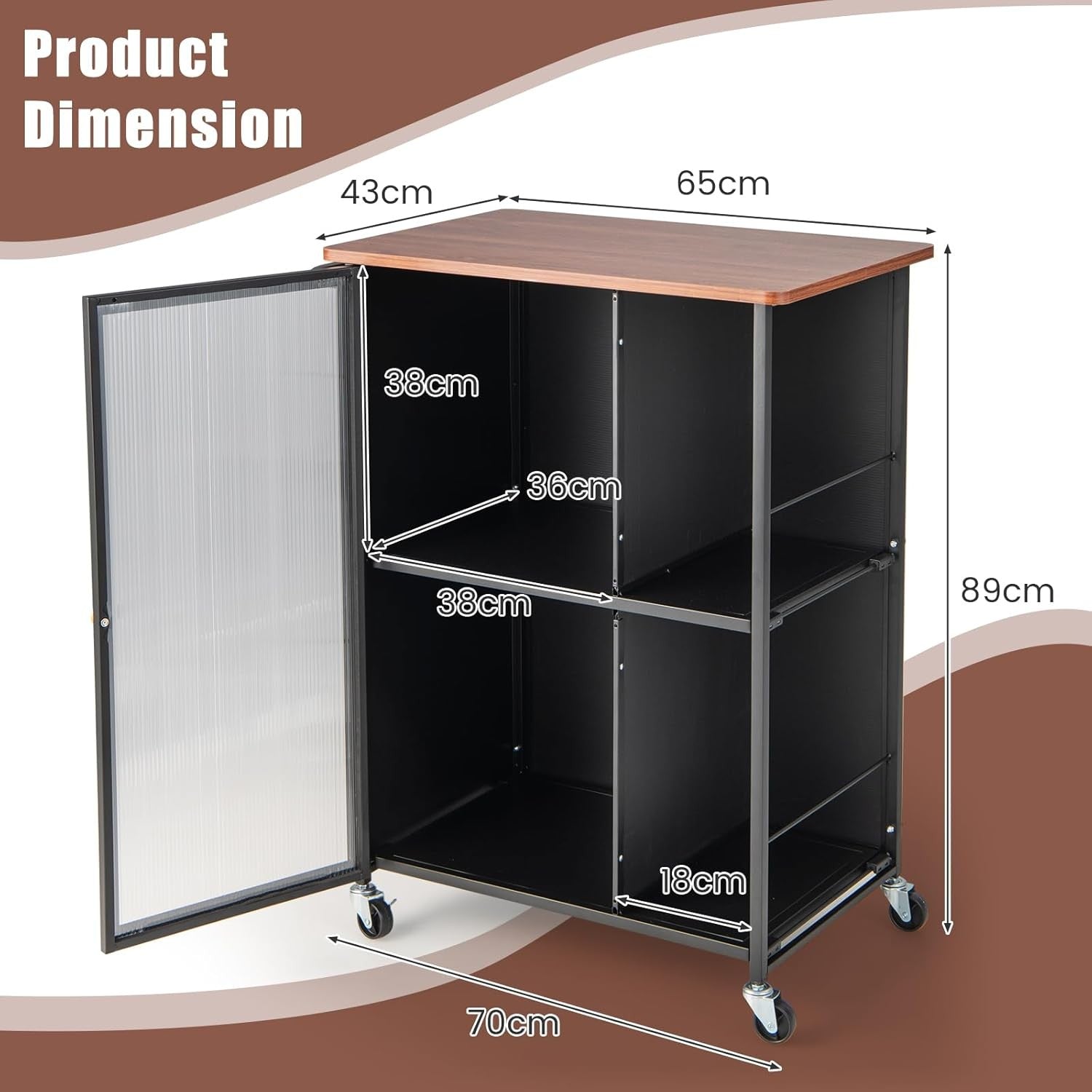 Kitchen Island Trolley Rolling Storage Cart Glass Door Cabinet Lockable Wheels