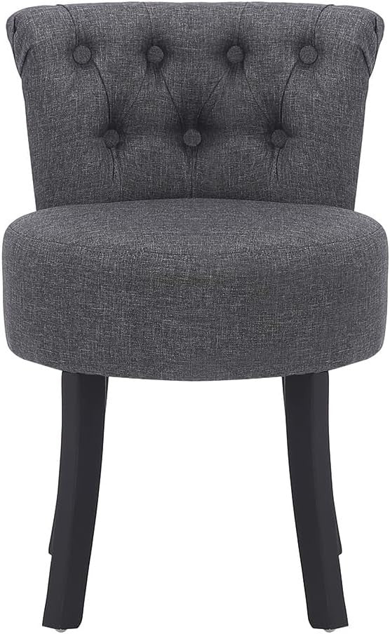 Grey Linen High-Back Vanity Chair – Padded Dressing Stool with Wood Legs