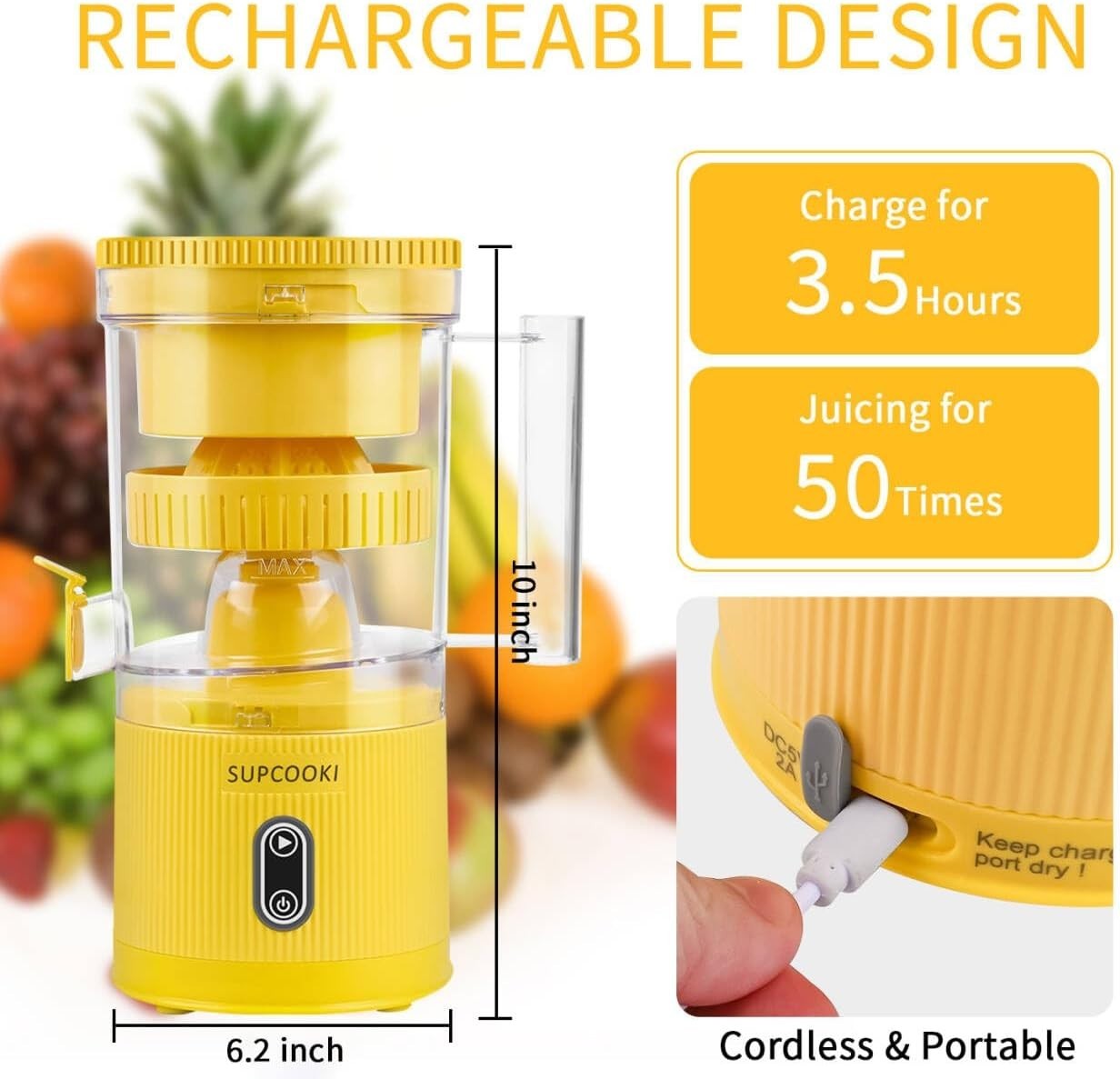 Cordless Electric Citrus Juicer USB Rechargeable Touch Control Portable